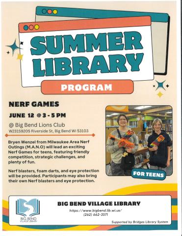 teens holding nerf guns in library with text describing event