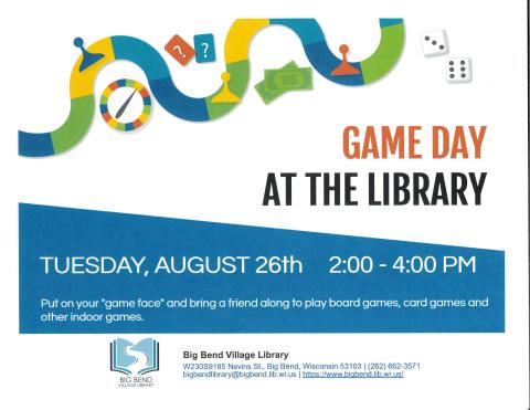 description of Game Day at the library with dice and game board