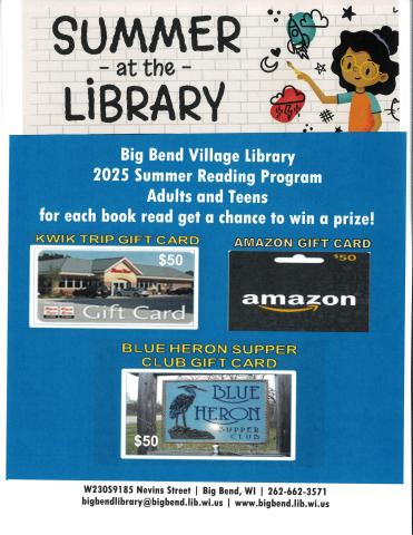 Adult summer reading prize descriptions and pictures of gift cards