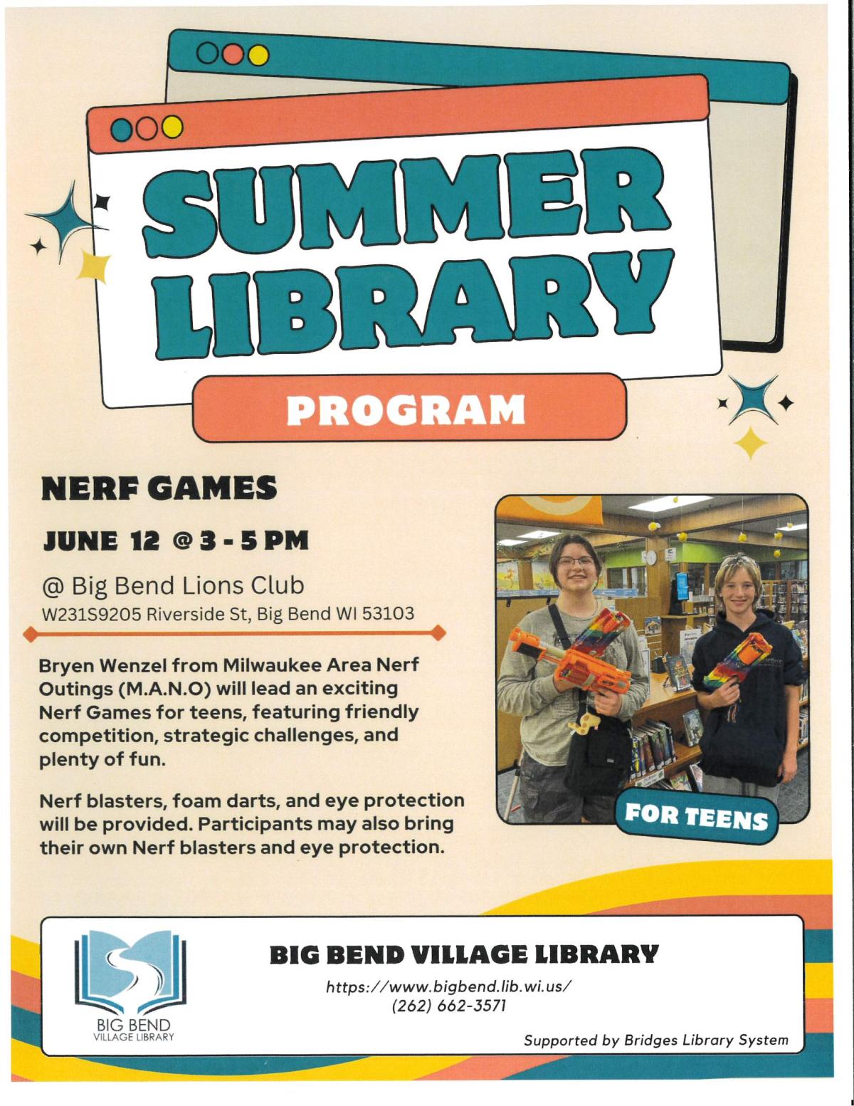 teens holding nerf guns in library with text describing event
