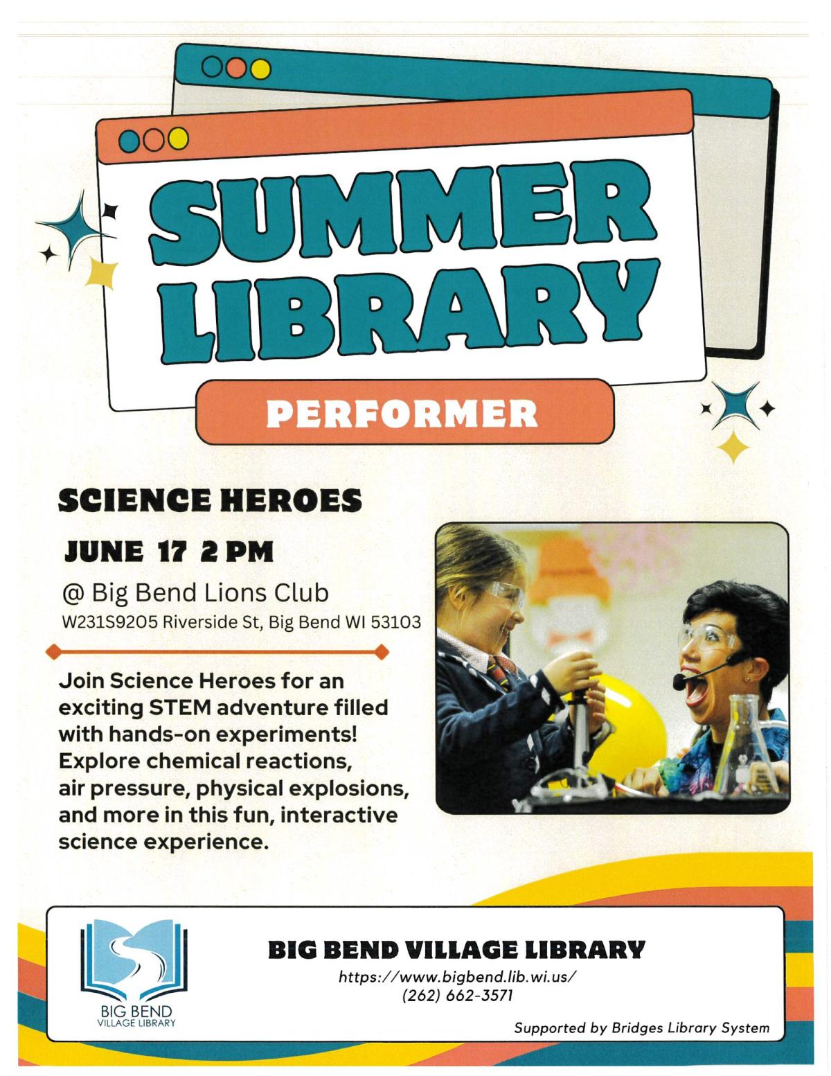 2 people doing a science experiment with text describing event