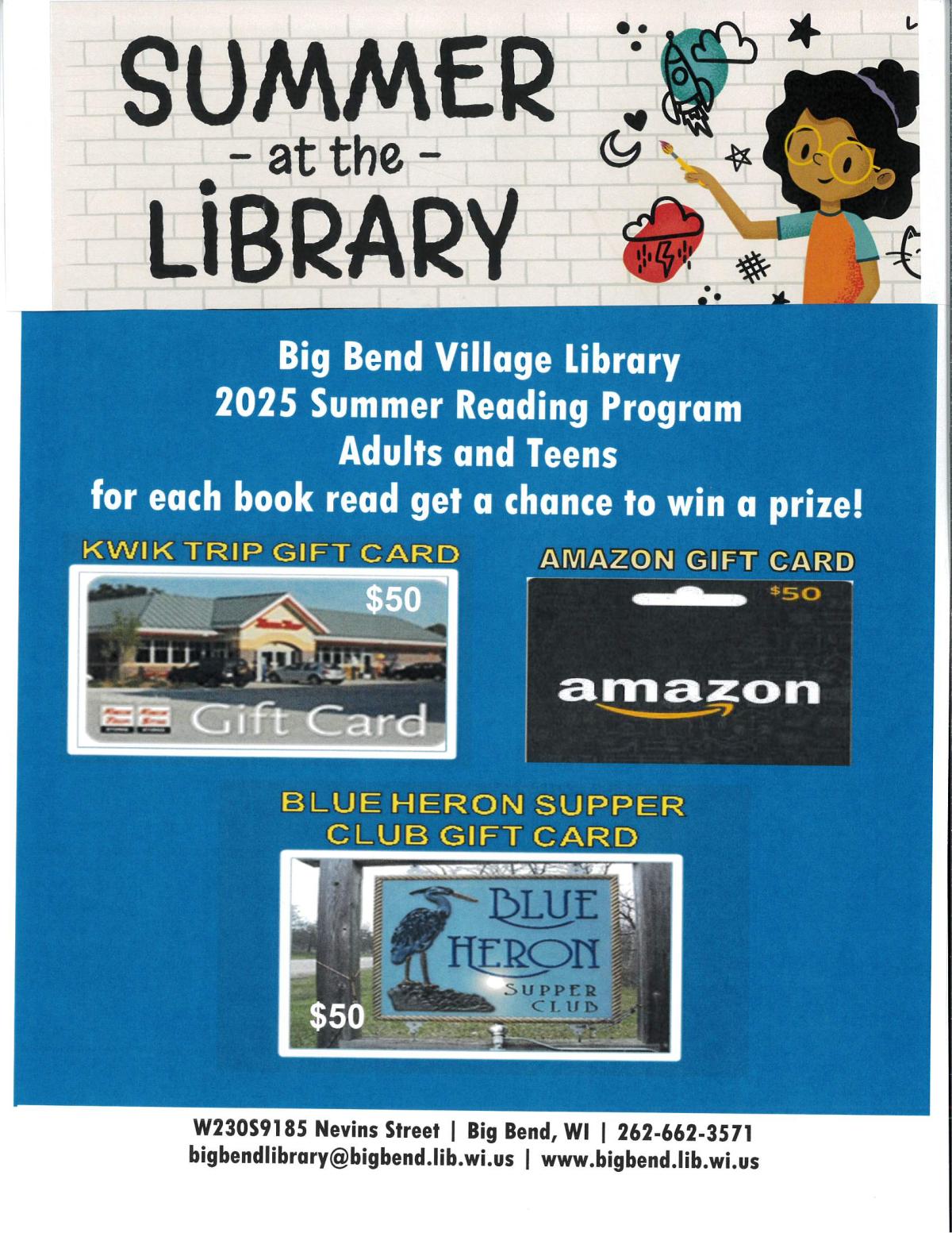Adult summer reading prize descriptions and pictures of gift cards